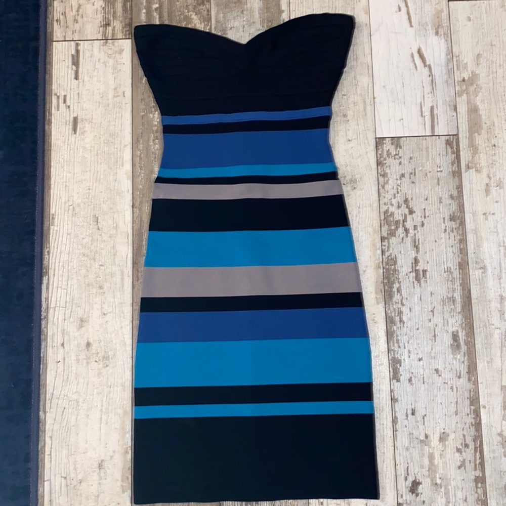 Herve Leger Strapless Black, Navy and Blue Striped Bandage Mini Dress